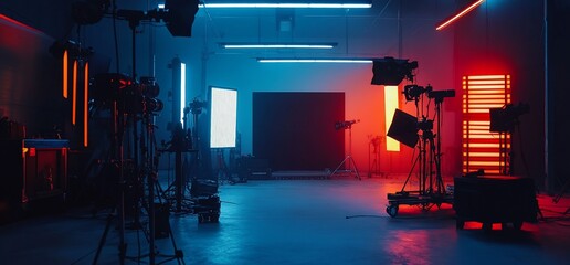 Poster - A dimly lit studio with various lighting equipment set up for a shoot.