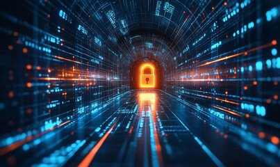 Poster - A digital tunnel leading to a glowing lock symbolizing cybersecurity.