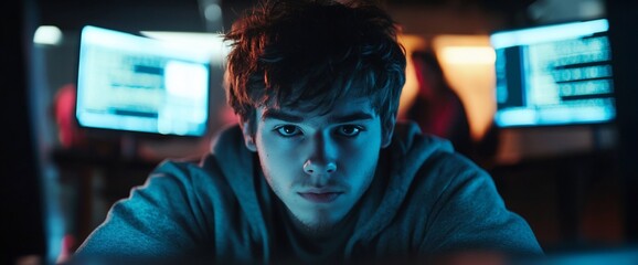 Poster - A focused young individual working on a computer in a tech environment.