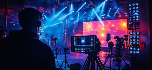 Poster - A film set with lighting equipment and a monitor displaying a scene.