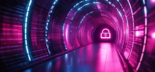 Poster - A futuristic tunnel illuminated in pink and blue with a lock symbol.