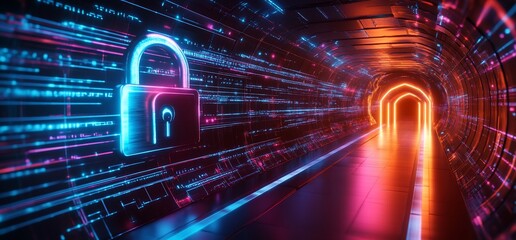 Poster - A futuristic tunnel illuminated with neon lights and a security lock symbol.