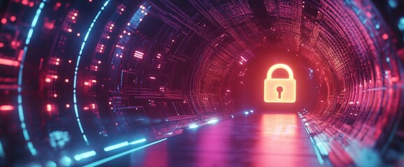 Poster - A futuristic tunnel with a glowing lock symbol, suggesting security and technology.