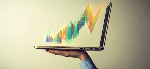 Poster - A hand holding a laptop displaying a colorful financial graph.