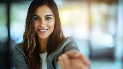 Wall Mural - A woman with long brown hair and a gray jacket is smiling