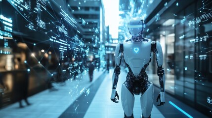 Poster - Futuristic Robot in Urban Environment with Data Streams