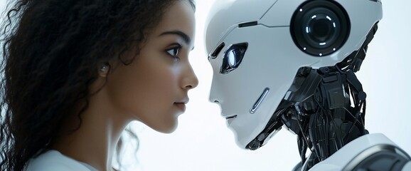 Poster - A human and a robot face each other, symbolizing connection and technology.