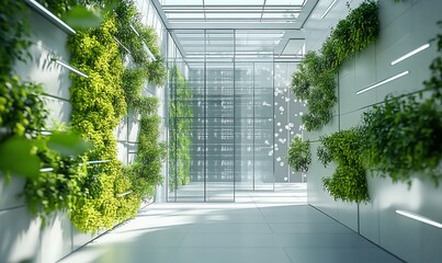 Poster - A modern indoor space featuring vertical gardens and glass walls.