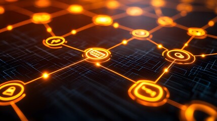 Poster - Abstract digital network with glowing icons interconnected on a dark background.