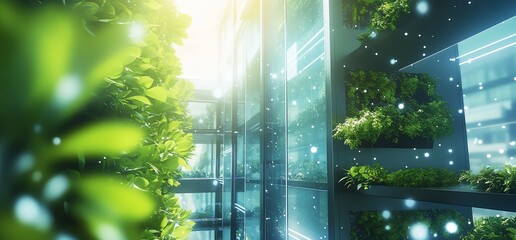 Poster - A modern, green architectural space filled with plants and sunlight.