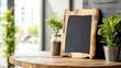 © Fokasu Art - A wooden blank chalkboard placed on a rustic cafรฉ table, encouraging artistic inspiration or adding a personal flair.
