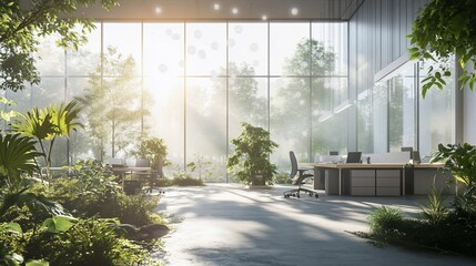 Poster - A modern office space with abundant greenery and natural light.
