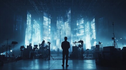 Poster - A silhouetted figure stands before a stage with dramatic lighting and equipment.