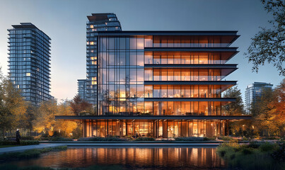 Poster - Modern glass building surrounded by trees and water, showcasing contemporary architecture.