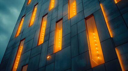 Poster - A modern building facade illuminated with warm light strips through narrow windows.
