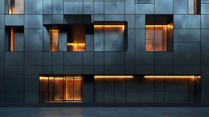 Poster - Modern architectural facade with illuminated windows and geometric design elements.