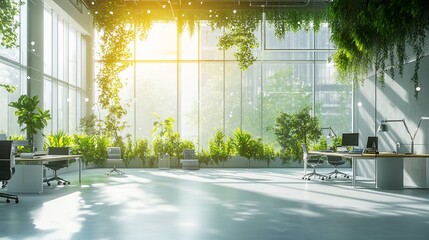 Poster - Bright, modern office space filled with plants and natural light.