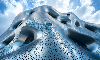 Poster - A futuristic, organic-shaped building with perforated surfaces and large openings against a cloudy sky.