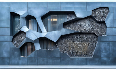Poster - Abstract architectural facade with geometric patterns and windows.