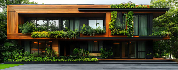 Poster - Modern eco-friendly house featuring lush greenery and sleek design.