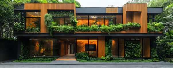 Poster - Modern architectural design featuring greenery and large windows.