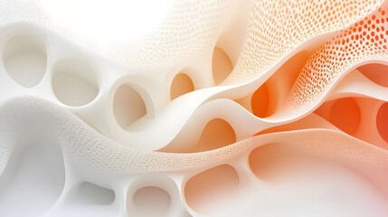 Poster - Abstract orange and white flowing 3D organic shapes with holes.
