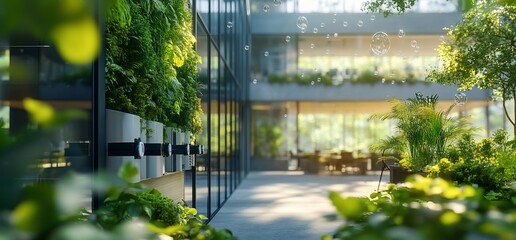 Poster - Lush indoor garden with modern architecture and sunlight filtering through.