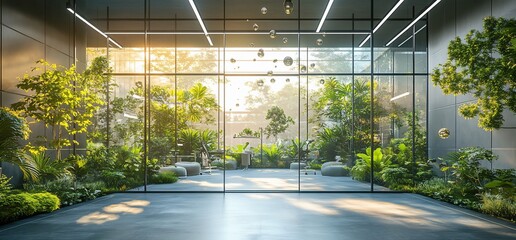Poster - Lush indoor garden with glass walls and natural light.
