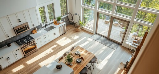 Poster - Modern kitchen and dining area with large windows and natural light.