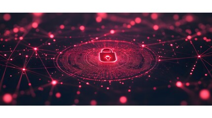 Poster - Abstract red glowing network with central padlock icon symbolizing digital security and data protection.