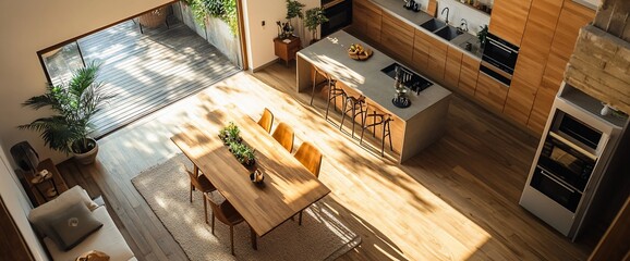 Poster - Modern kitchen and dining area with natural light and wooden accents.
