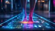 © JuliaDorian - Futuristic Foot Analysis Female on High-Tech Mat, Digital Overlay, Pressure Points, Health Data