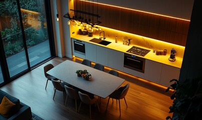 Poster - Modern kitchen with ambient lighting and a dining area.