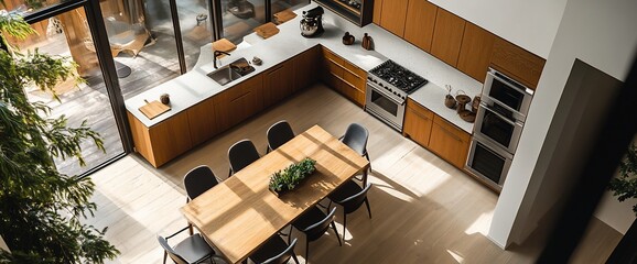 Poster - Modern kitchen with wooden accents and a dining table for gatherings.