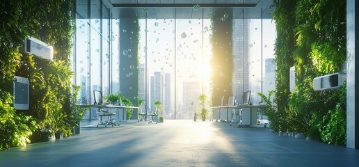 Poster - Modern office space with greenery and city views, promoting a healthy environment.