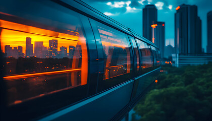 Poster - A monorail glides through a cityscape at sunset, reflecting vibrant colors in its windows.