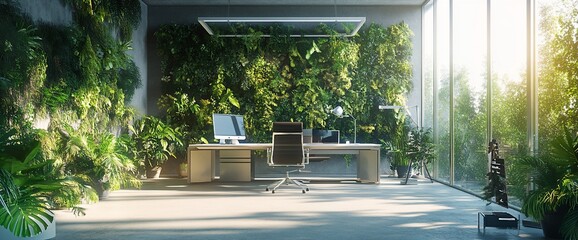 Poster - Modern office space with greenery and natural light for productivity.