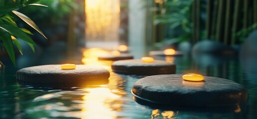 Poster - Serene spa scene with glowing stones and a tranquil water backdrop.