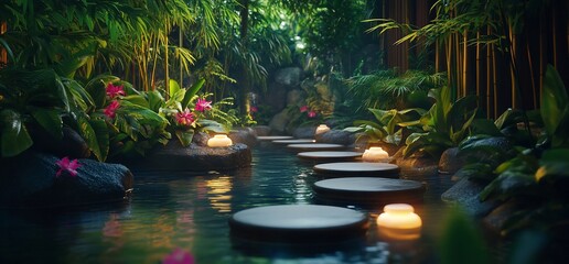 Poster - Serene garden pathway with candles and tropical plants by a tranquil water feature.