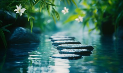 Poster - Serene pathway of stones leading through tranquil water and lush greenery.