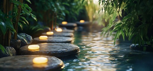 Poster - Serene pathway with glowing stones beside a tranquil water feature.