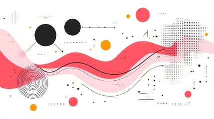 Poster - Abstract wavy background with geometric shapes and lines in pink, red, and black on white.