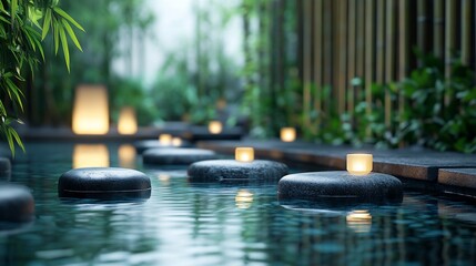 Poster - Serene water pathway with glowing candles and lush greenery.