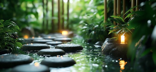 Poster - Serene pathway with stones and glowing lanterns amidst lush greenery.