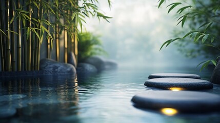 Poster - Tranquil water scene with stepping stones and bamboo in a misty environment.