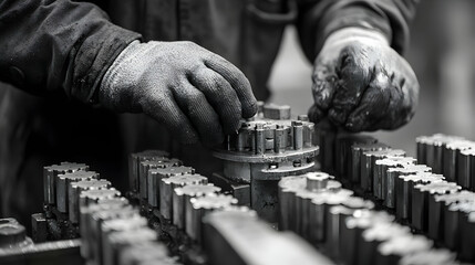 Poster - A worker's hands assembling metal components in a factory setting.