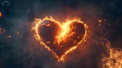 Wall Mural - Fiery Heart Burning Brightly Against Dark Background