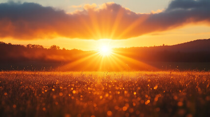 Golden sunrise over a dewy meadow with sun rays breaking through the horizon - Generated AI