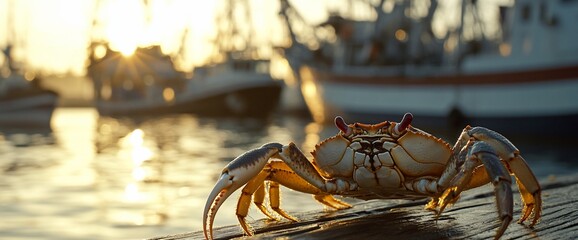 Aufkleber - A crab on a dock with fishing boats in the background at sunset.