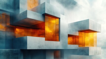 Fototapete - Abstract Futuristic Concrete Structure with Glowing Windows